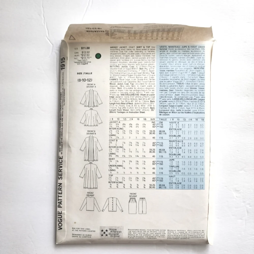 Vogue Sewing Pattern Anne Klein 8-10-12 UNCUT